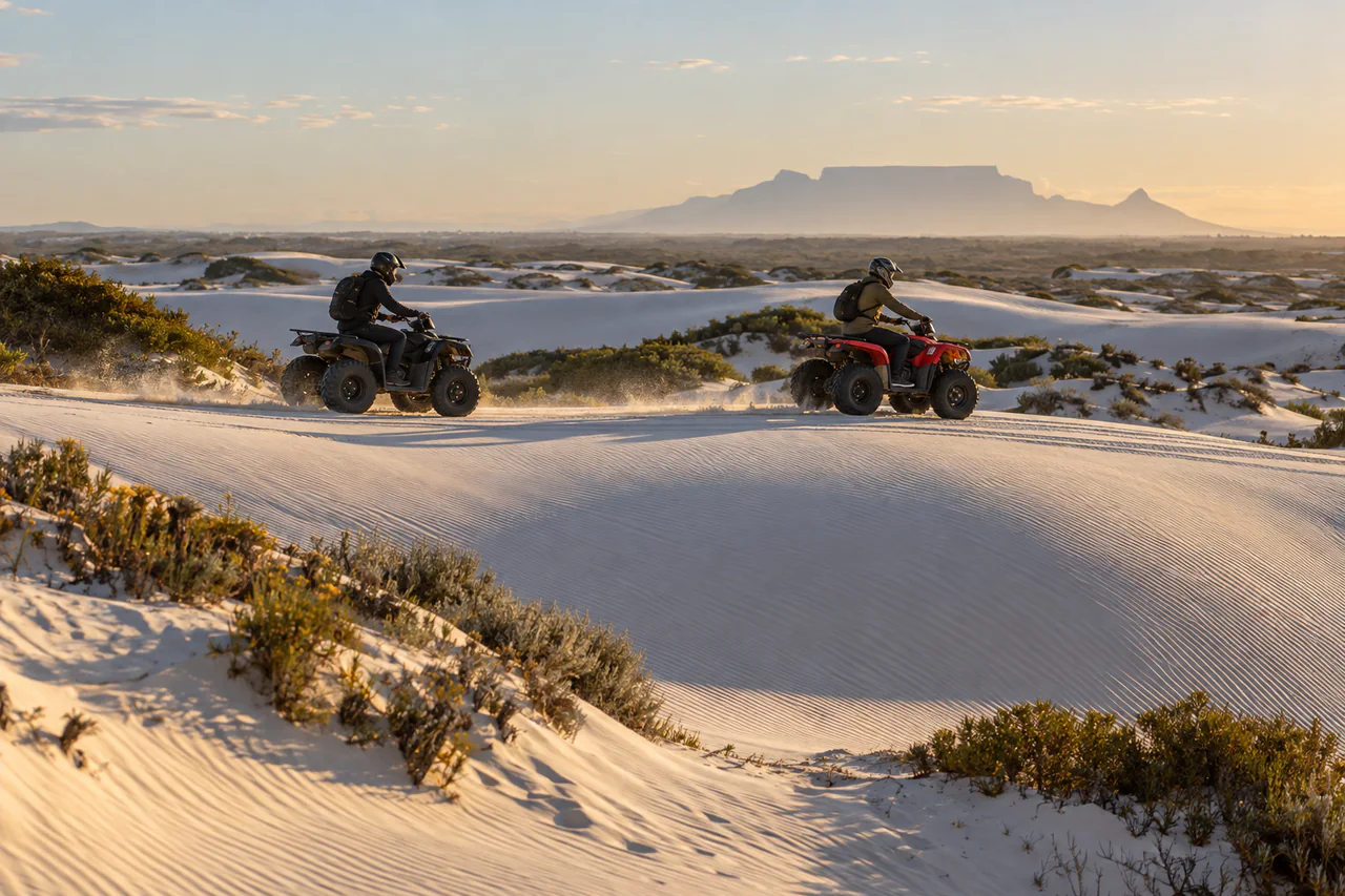 Quad bikers riding across the white Atlantis dunes