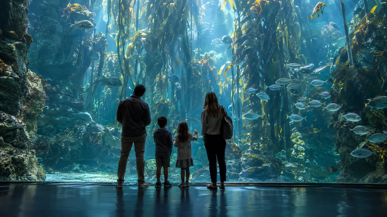 A family discovering a kelp forest aquarium together