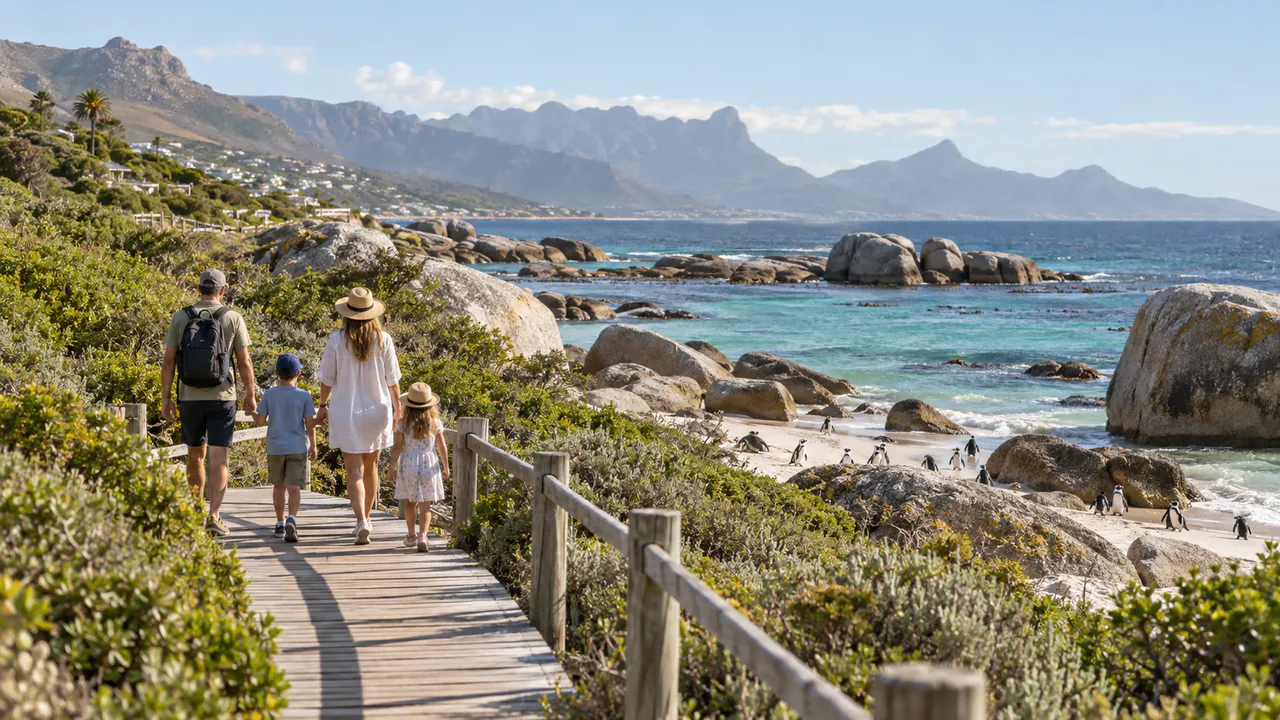 A family watching penguins from a Cape Peninsula boardwalk