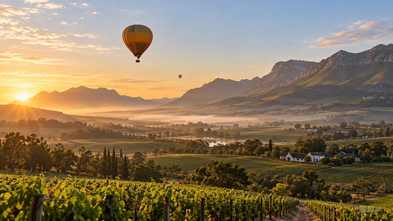 A hot-air balloon floating above the Cape Winelands at sunrise