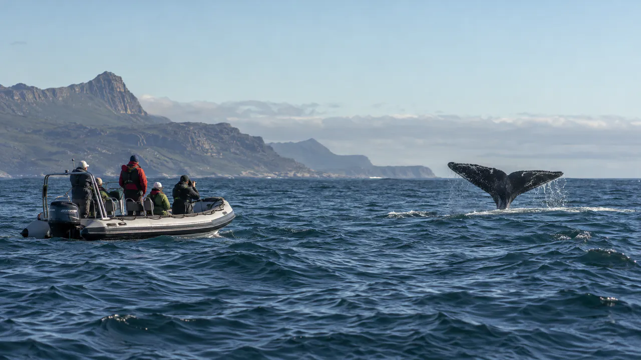 A guided marine safari watching for wildlife along the Cape coast