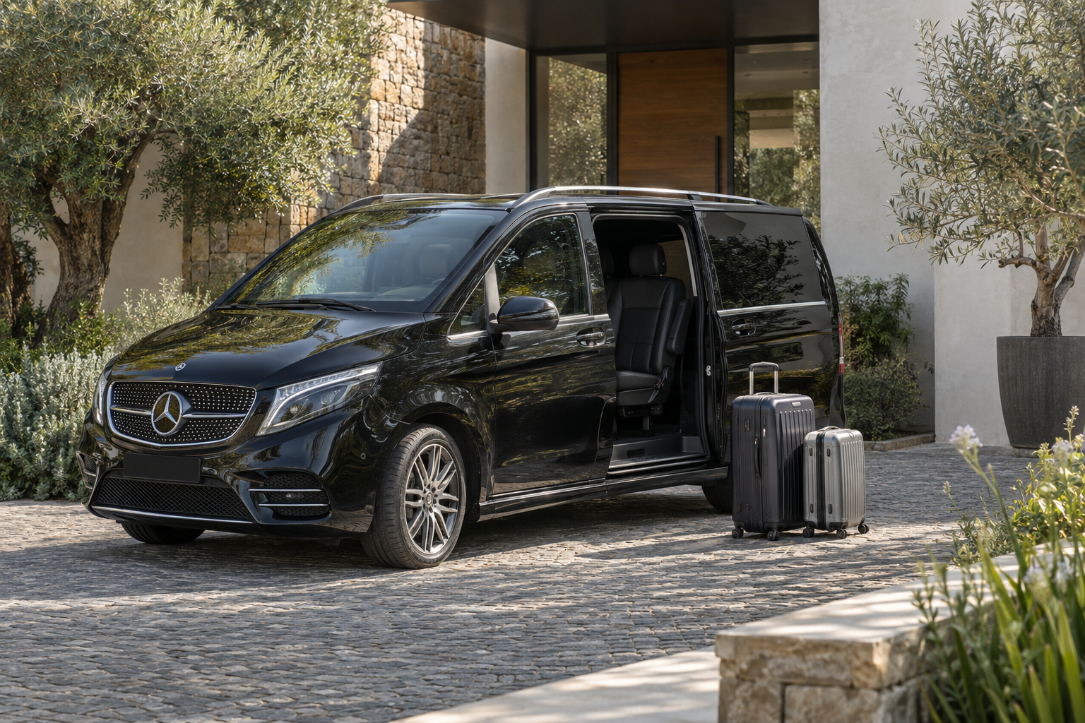 Black Mercedes-Benz V-Class ready for a private airport transfer