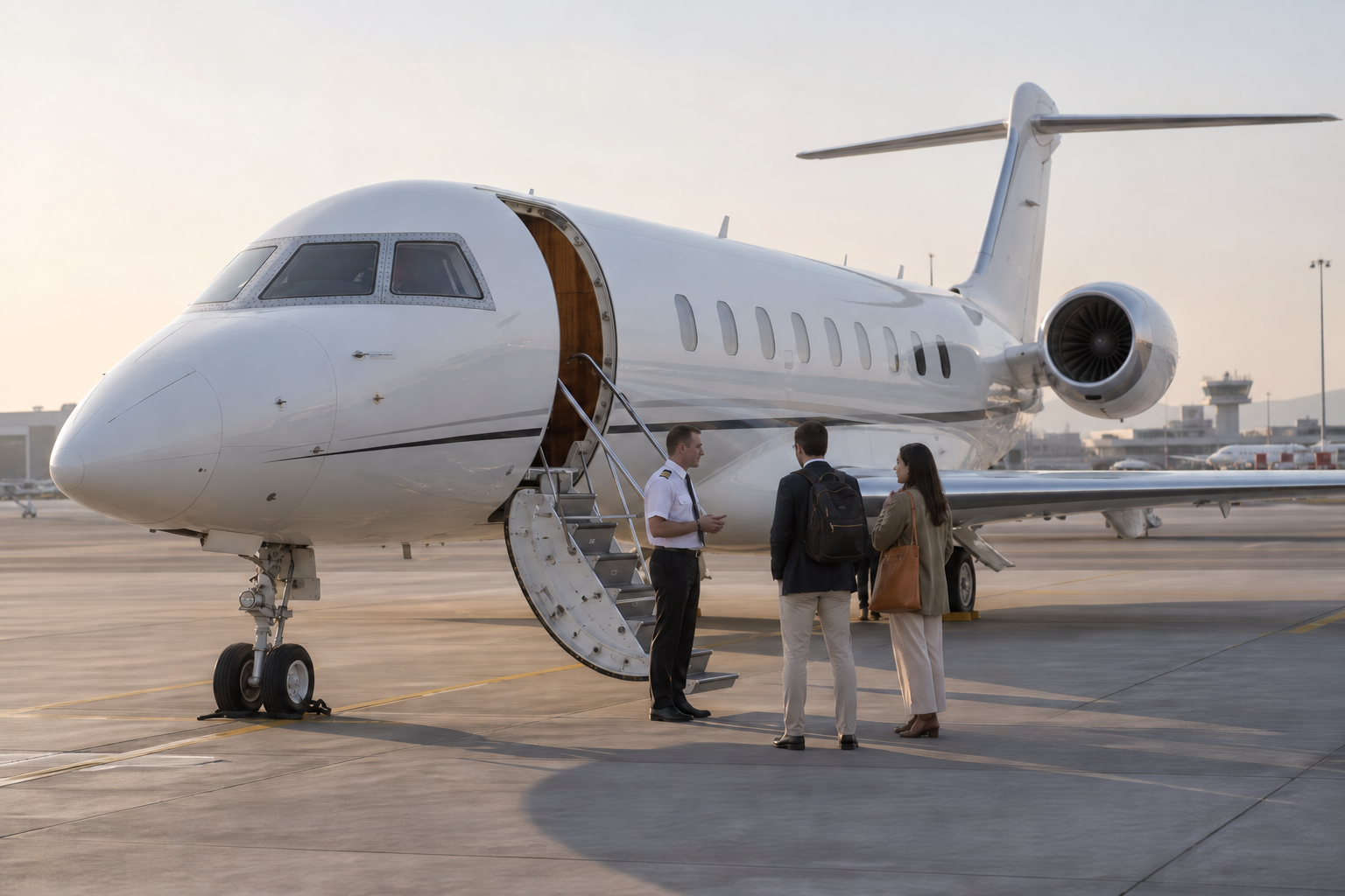 Travellers speaking with a pilot beside an open private jet
