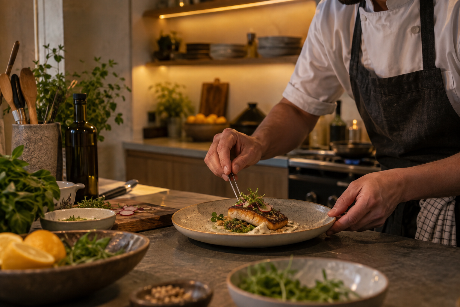 Chef carefully plating dinner in a warm contemporary villa kitchen