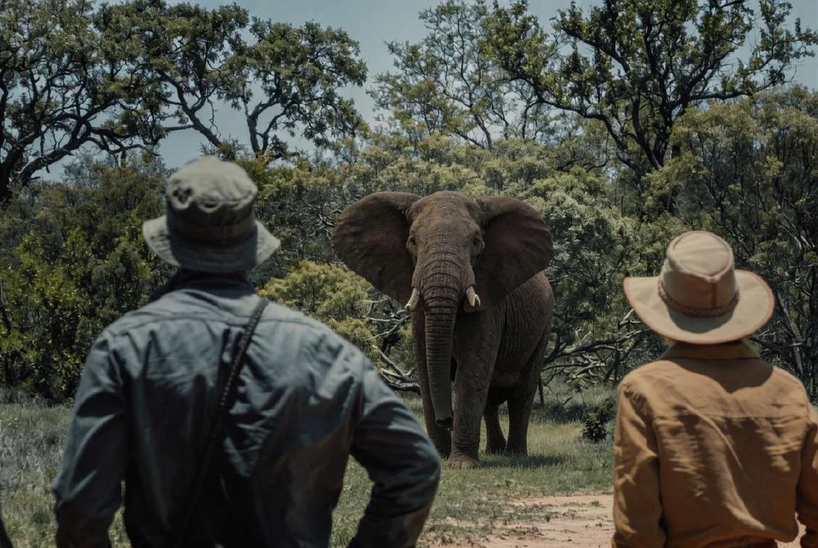Two walkers seen from behind facing an elephant among trees