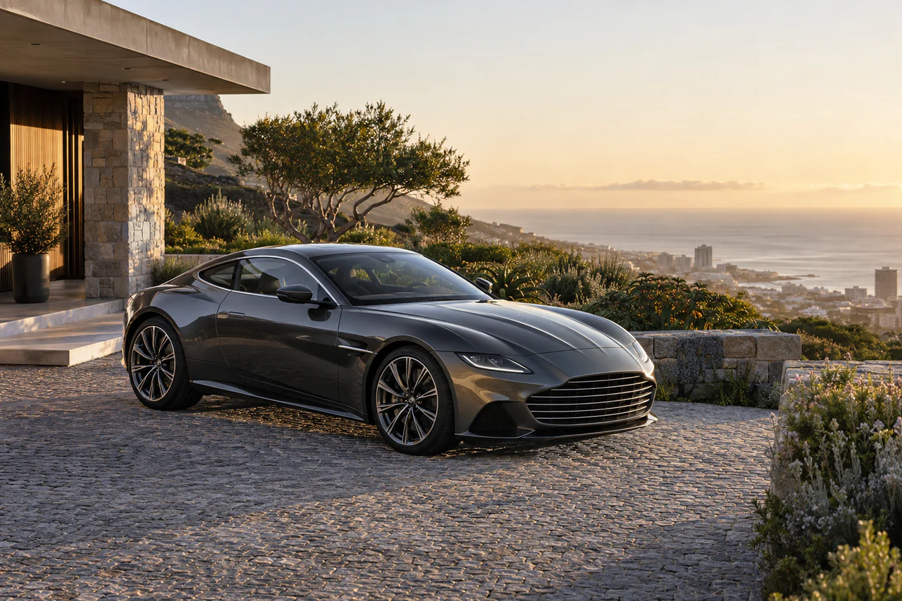 A performance car parked outside a coastal villa at golden hour