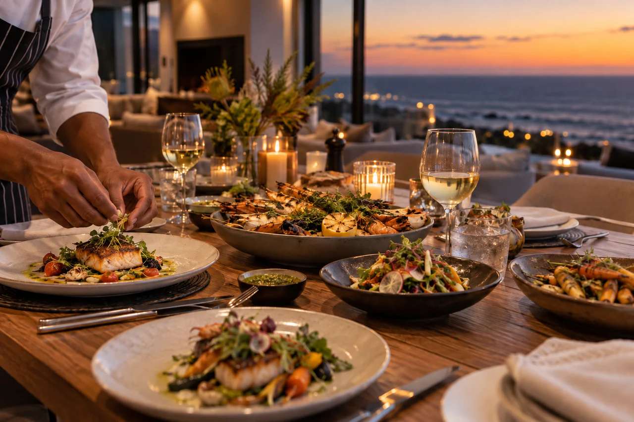 A private chef finishing a generous dinner beside the Atlantic at dusk